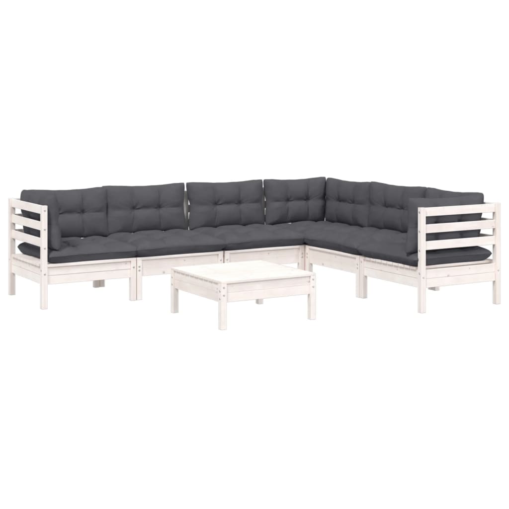 7-tlg. Garten-Lounge-Set mit Kissen Weiss Kiefer Massivholz